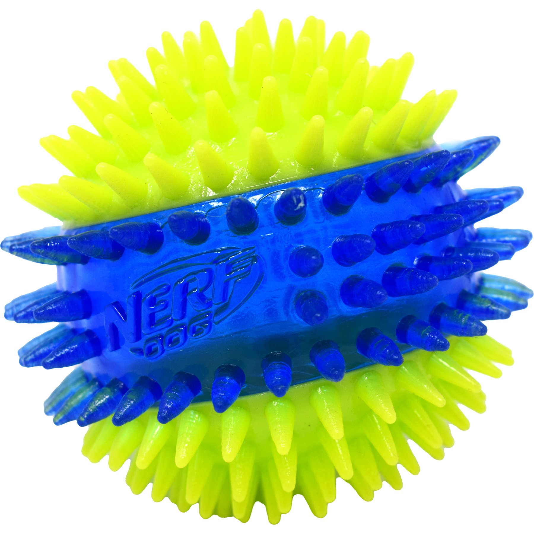 Nerf Dog Translucent TPR 3-Part Spike LED & Squeak Dog Ball Toy, Blue/Green, 3.3-in