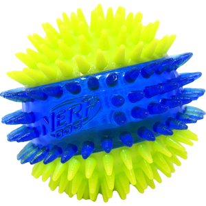 Nerf Dog Translucent TPR 3-Part Spike LED & Squeak Dog Ball Toy, Blue/Green, 3.3-in