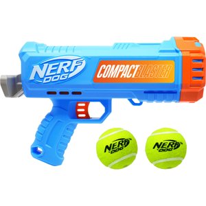 Nerf Dog Gift Set Card Compact Blaster & 2.5-in Non-Squeak Tennis Ball Dog Launchers Toy, Light Blue/Orange/Gray/Yellow, 12-in, 2 count