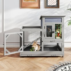 Coziwow 2-Tier Wooden Rabbit Hutch Small Animal Cage with Wheels, 2 Wire Floors & Removable Trays, Gray