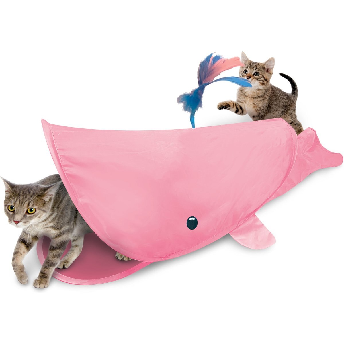 Kensie Whale Collapsible Interactive Play Cat Tunnel with Crinkle Tail, Feather Spout & Travel Bag, Pink, 38-in
