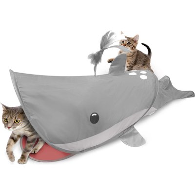 Kensie Kensie Dolphin Collapsible Interactive Play Cat Tunnel with Crinkle Tail, Feather Spout & Travel Bag, Grey, 38-in