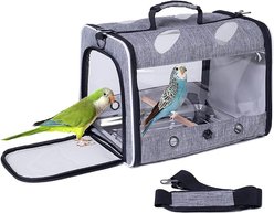 Halinfer Rectangle Bird Travel Carrier with Stand Perch & Metal Pan, 2-lb, Feathered Grey