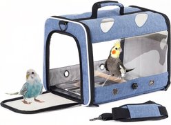 Halinfer Rectangle Bird Travel Carrier with Stand Perch & Metal Pan, 2-lb, Feathered Blue