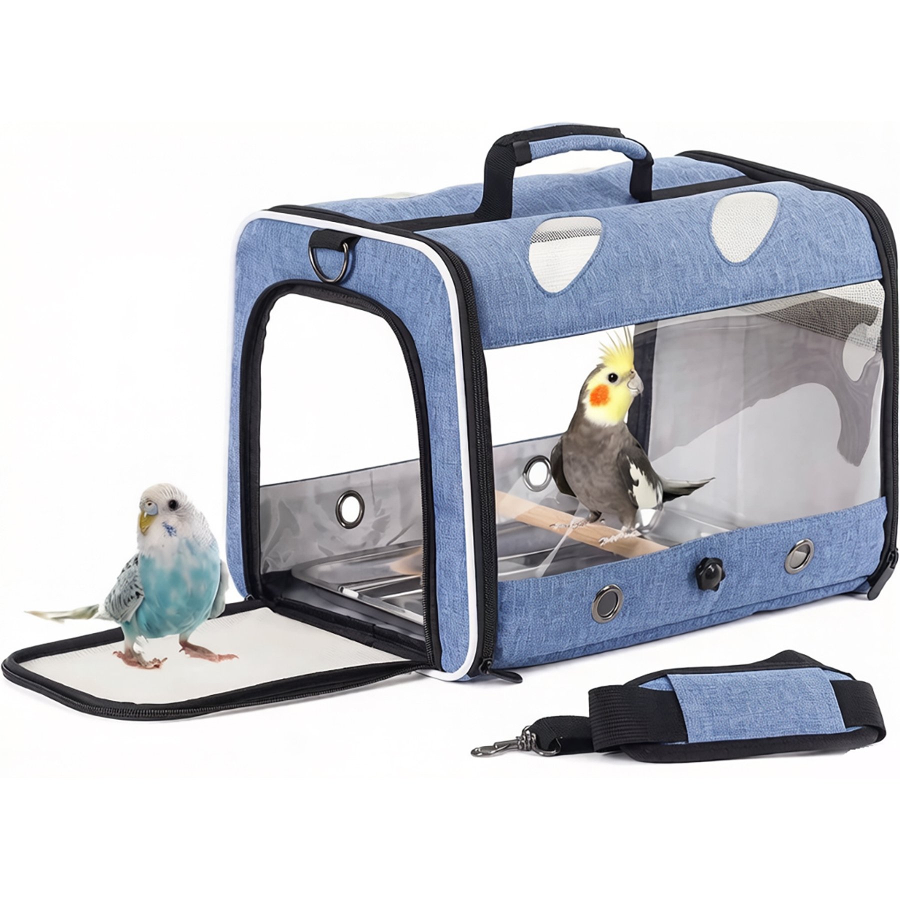 Halinfer Rectangle Bird Travel Carrier with Stand Perch & Metal Pan, 2-lb, Feathered Blue