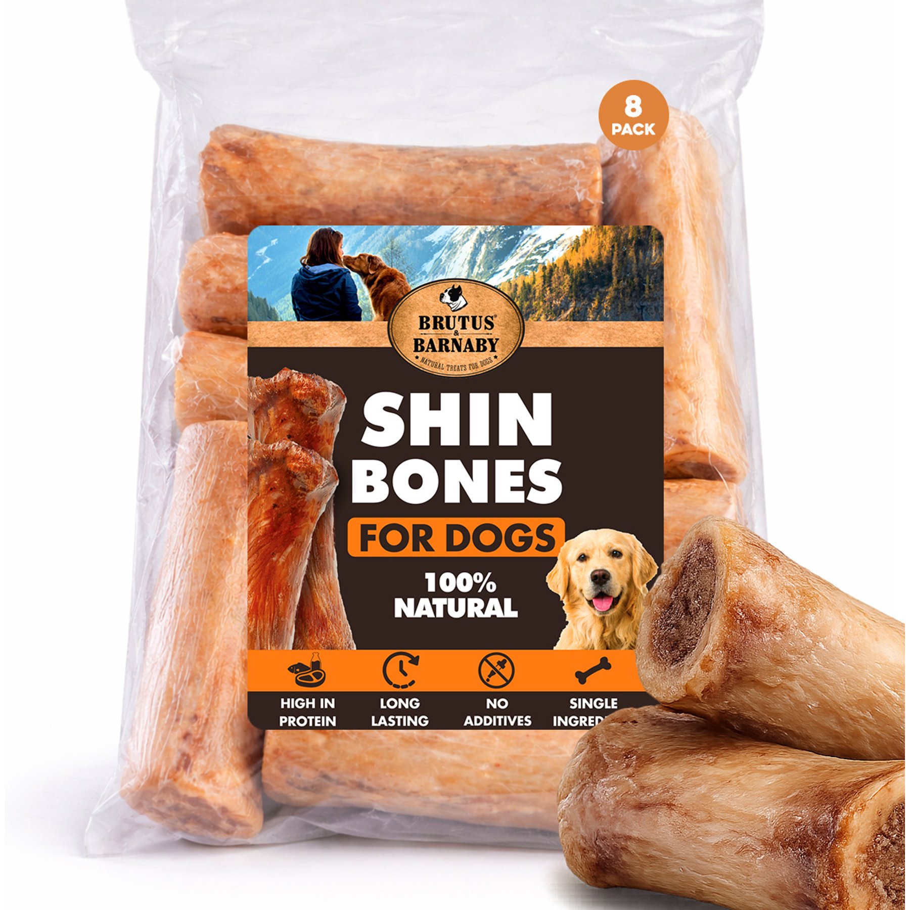 Brutus & Barnaby 100% USA Beef High Protein Long-Lasting 5 to 6-in Shin Bone Dog Chews, 8 count