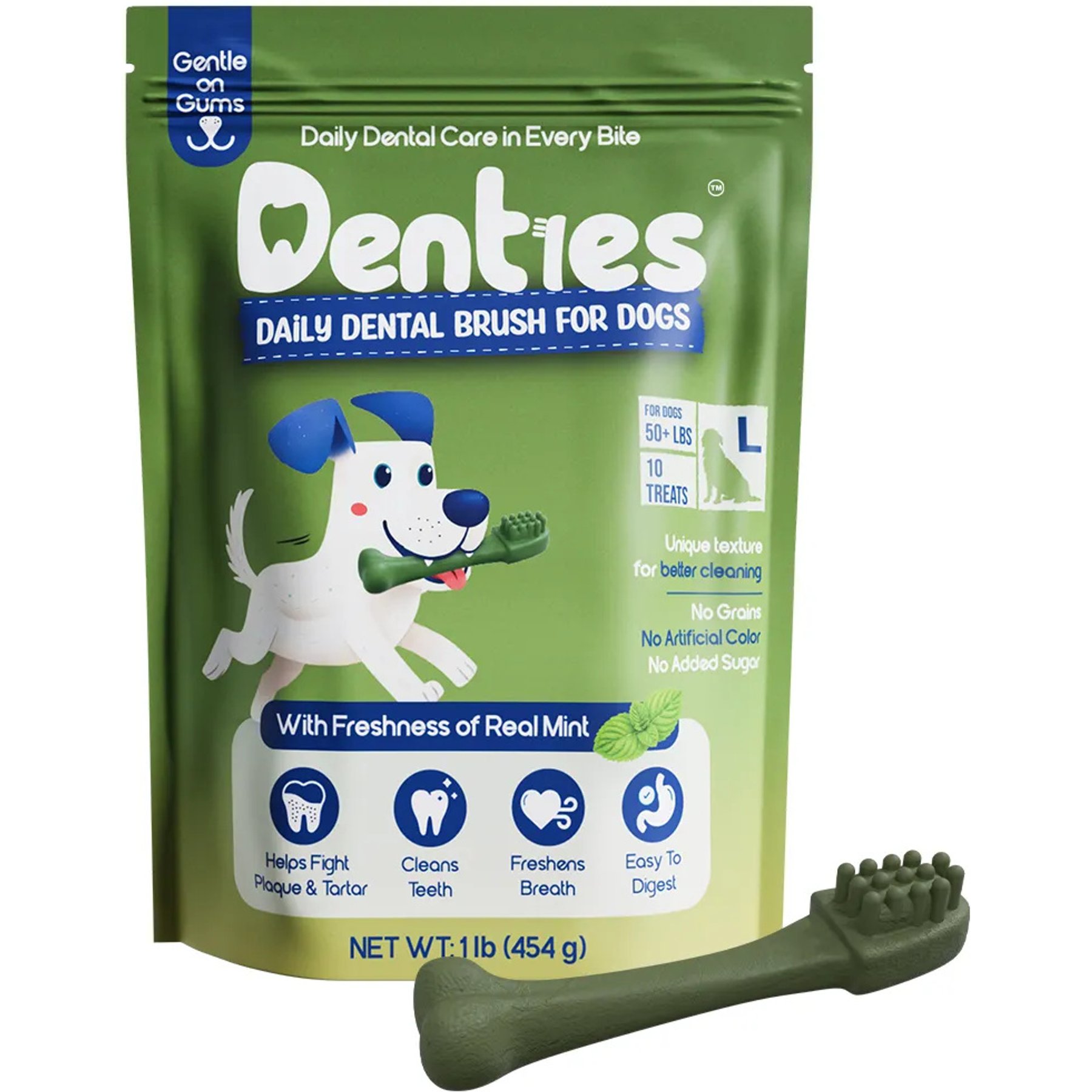 Denties Mint, Chicken & Beef Recipe Dental Chew Dog Treats, Large, 10 count