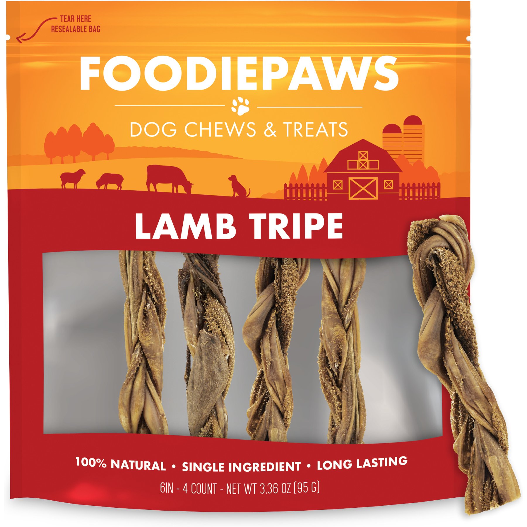 Foodiepaws 6-in Lamb Tripe Sticks Natural Dog Chew Treats, 4 count