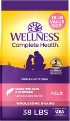 Wellness Complete Health Sensitive Skin & Stomach Adult Wholesome Grains Natural Salmon & Rice Dry Dog Food, 38-lb bag