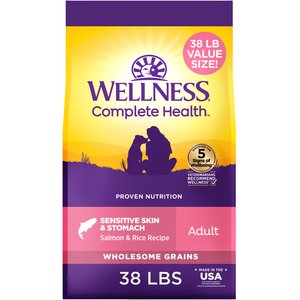 Wellness Complete Health Sensitive Skin & Stomach Adult Wholesome Grains Natural Salmon & Rice Dry Dog Food, 38-lb bag