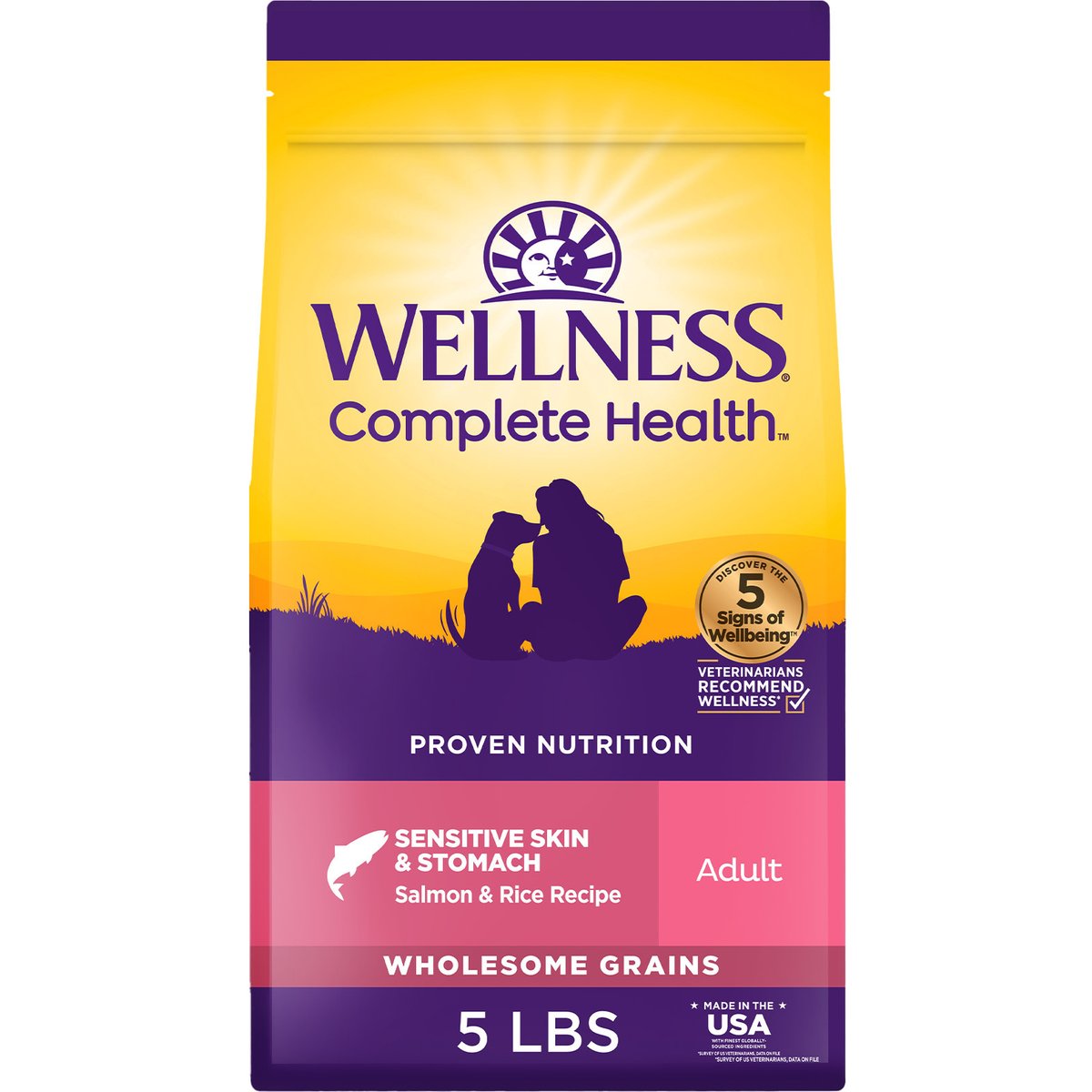 Wellness Complete Health Sensitive Skin & Stomach Adult Wholesome Grains Natural Salmon & Rice Dry Dog Food, 5-lb bag