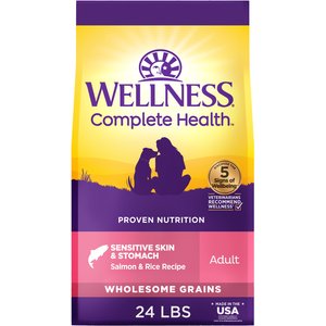 Wellness Complete Health Sensitive Skin & Stomach Adult Wholesome Grains Natural Salmon & Rice Dry Dog Food, 24-lb bag