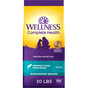 Wellness Complete Health Adult Wholesome Grains Natural Whitefish & Sweet Potato Dry Dog Food, 30-lb bag