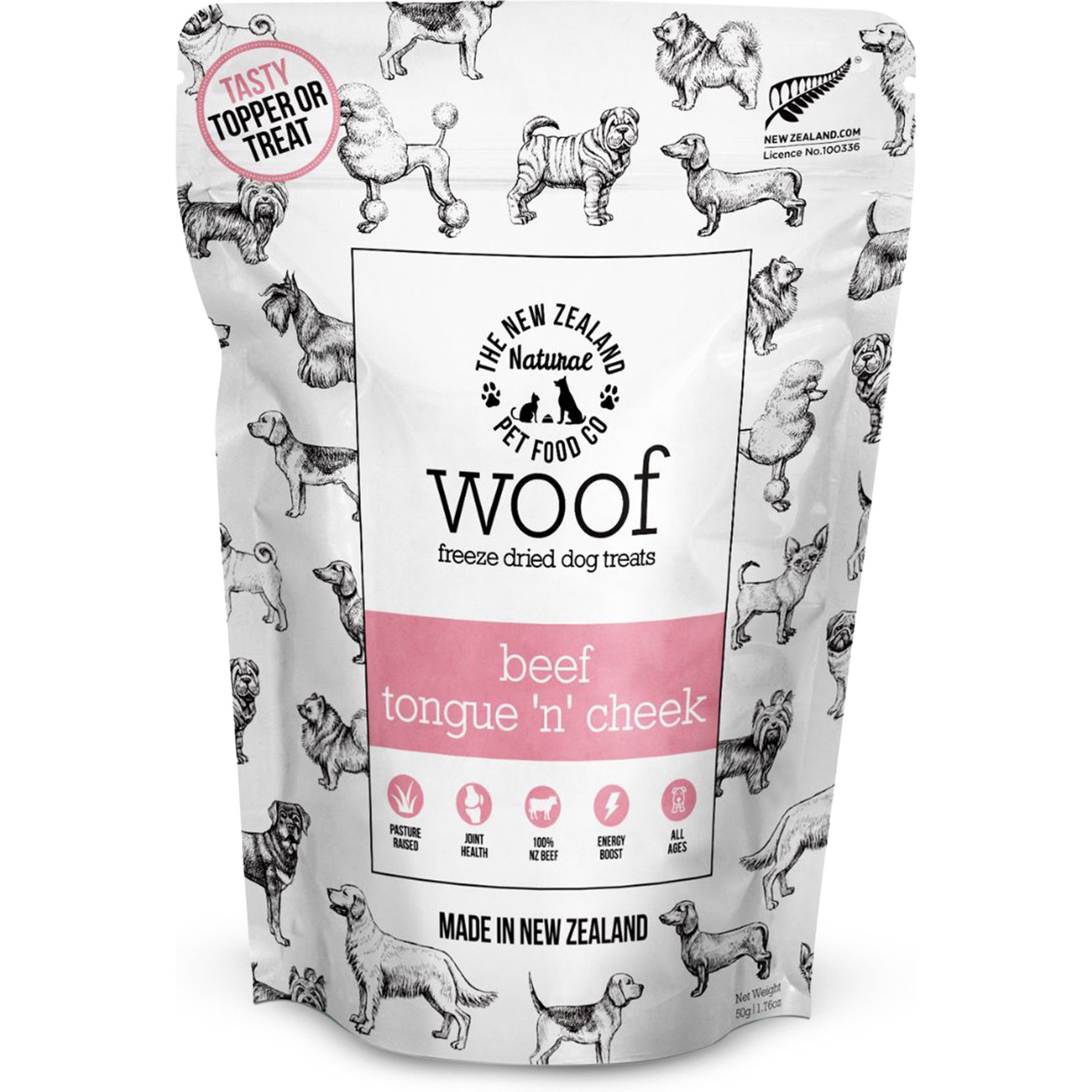 The New Zealand Natural Pet Food Co. Woof All Lifestages Natural Beef Tongue 'n' Cheek Dehydrated Dog Natural Chew Treats, 1.76-oz