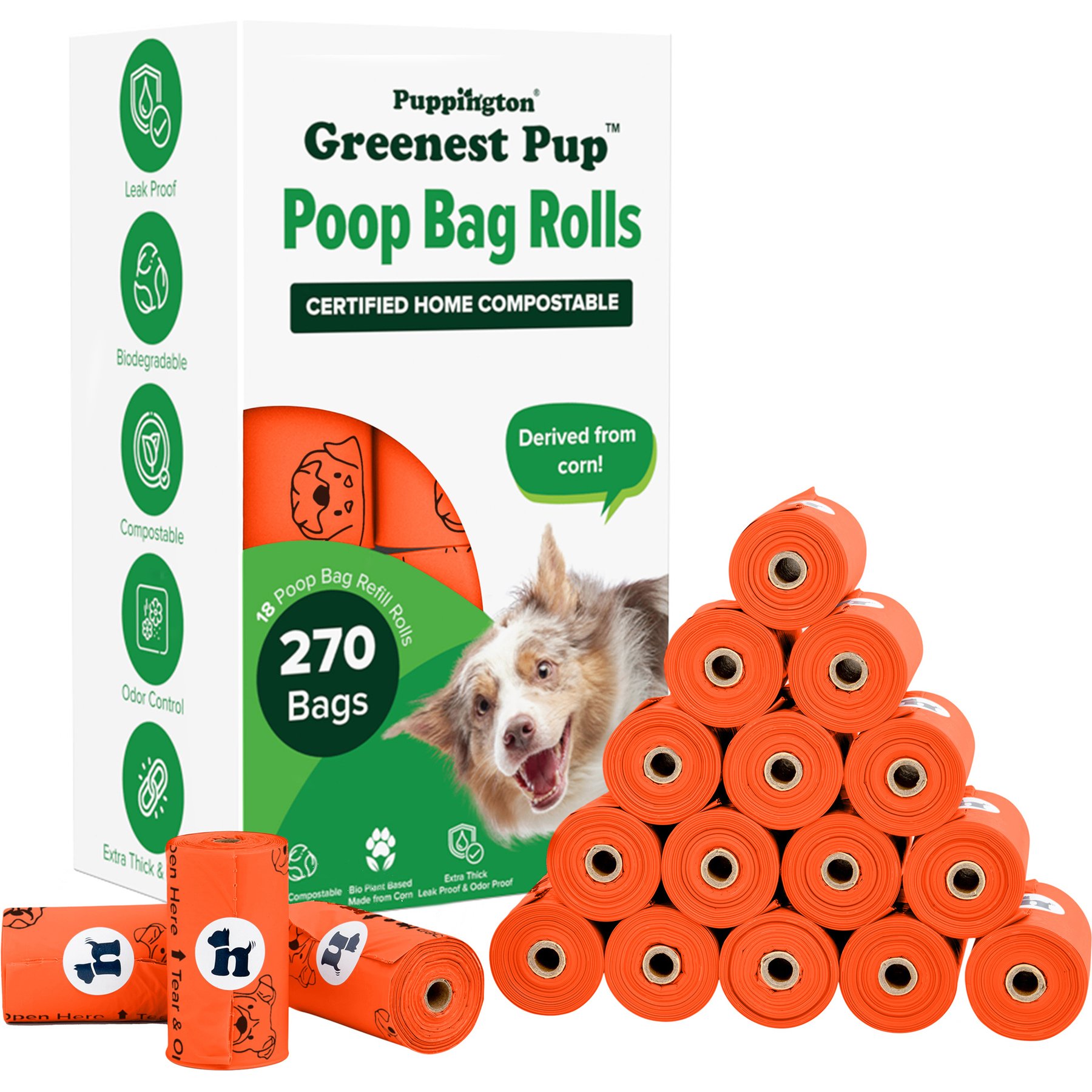 Puppington Greenest Pup Compostable Unscented Dog Poop Bags, 18 Rolls, Poppy Orange
