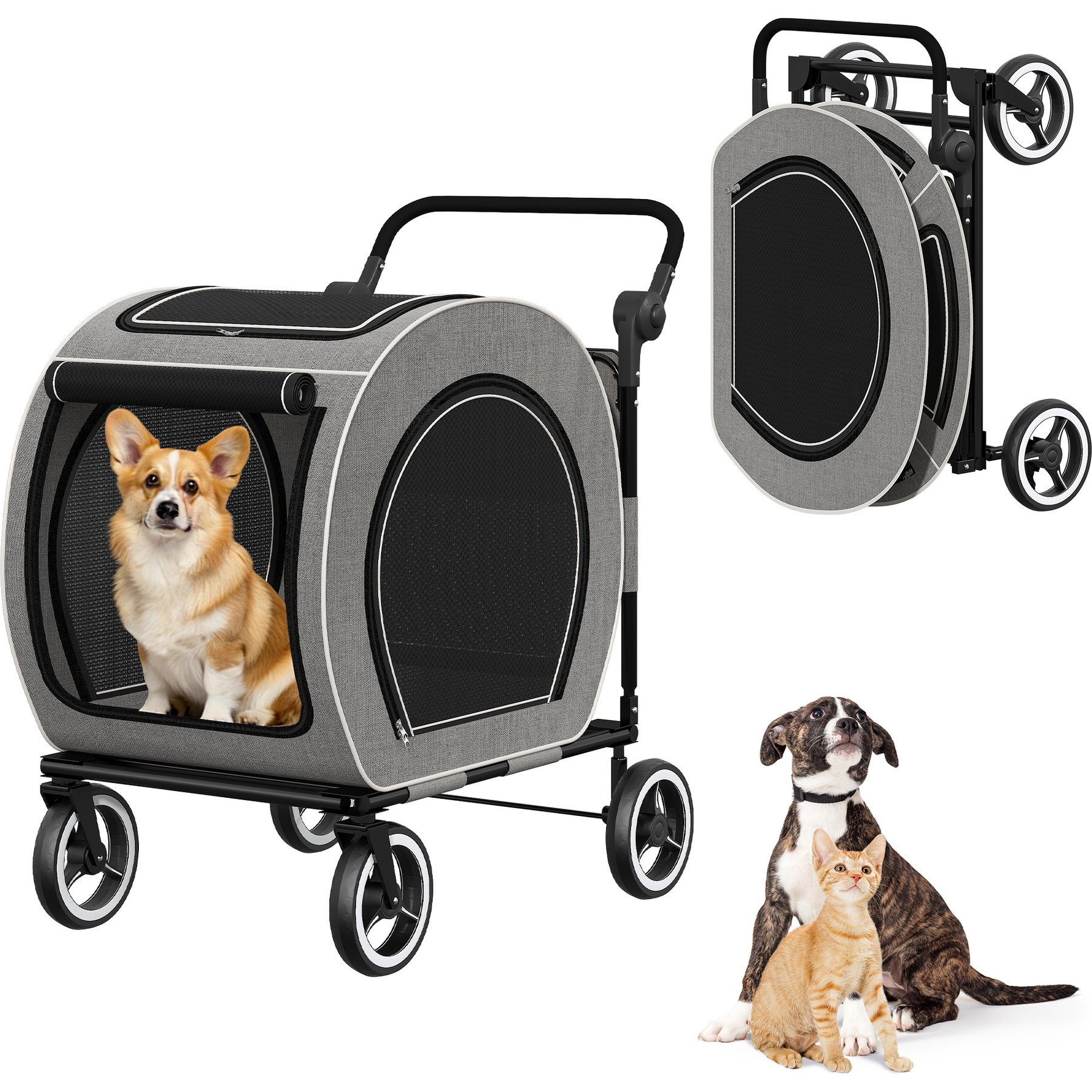 Saudism Foldable Design & Adjustable Handle Wagon Dog Stroller with Pocket, Large, Gray