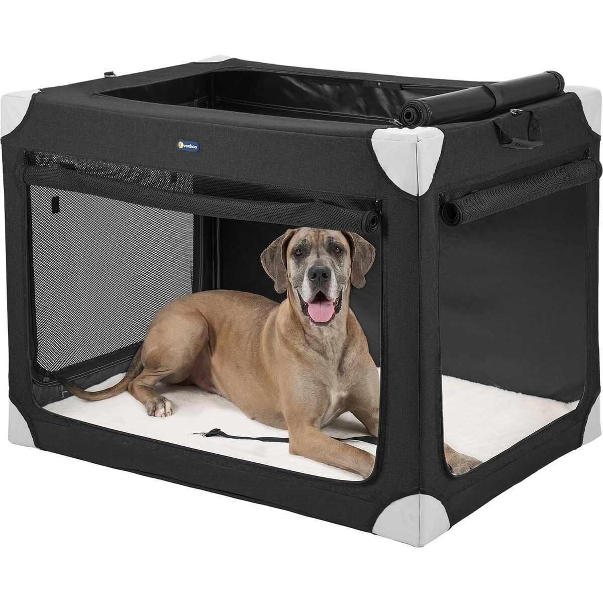 Veehoo Large Portable Collapsible Carry Bag Dog Carrier with 4-Door Mesh Windows, Black, 48-in