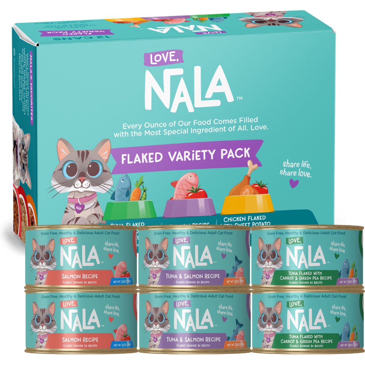 Love, Nala Variety Pack Adult Grain-Free Fish Flaked Wet Cat Food, 2.8-oz can, case of 24