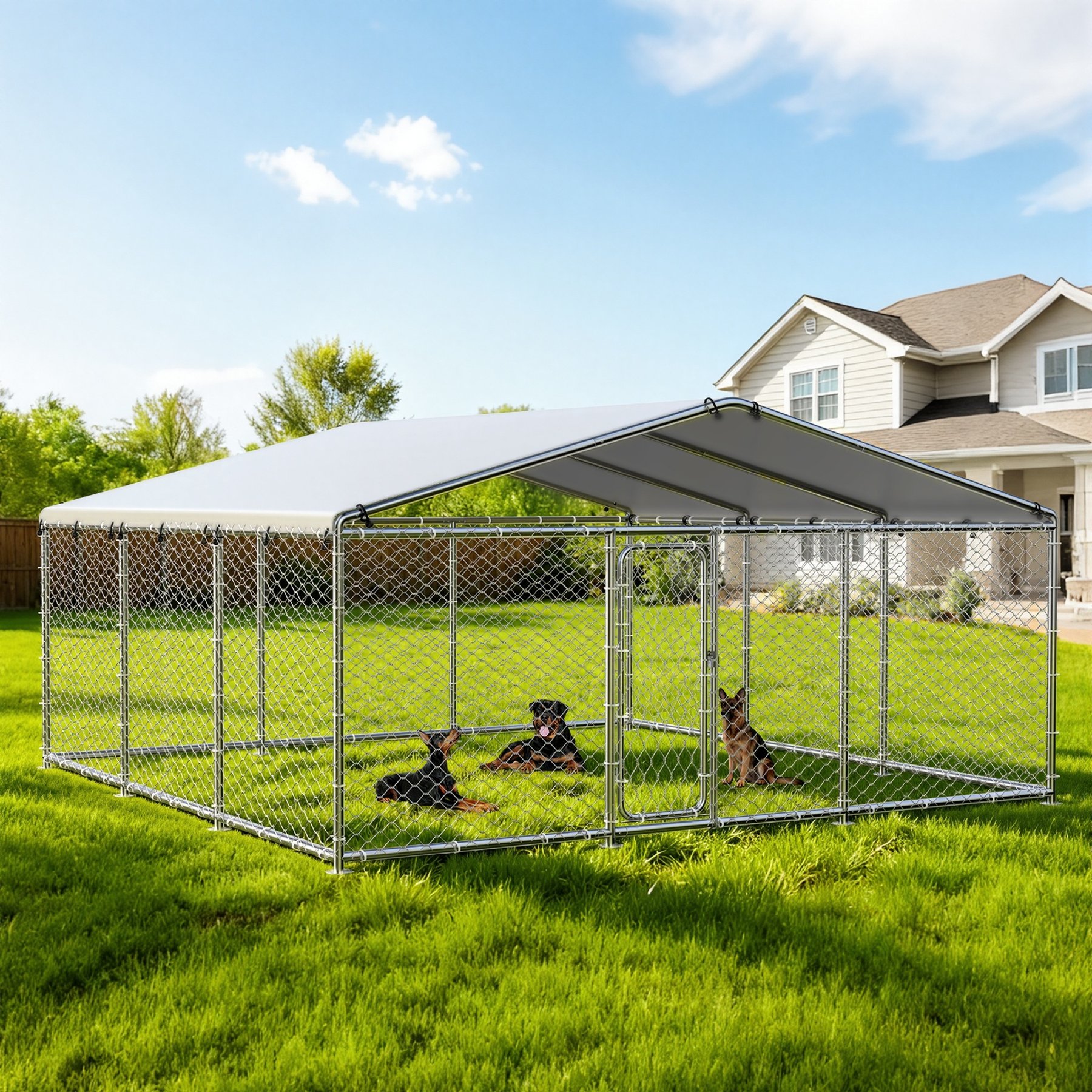 Rupzen Heavy-Duty Reinforced Galvanized Outdoor Kennel Dog Pen, Silver, 183-in