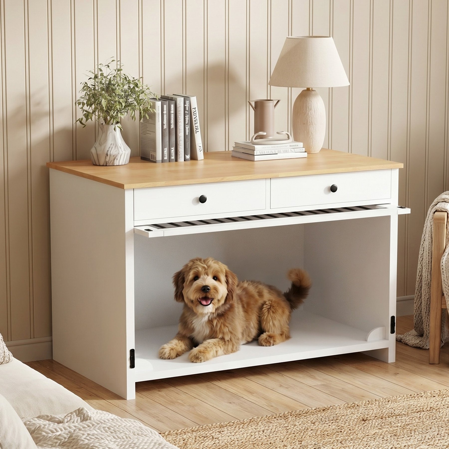 Rupzen Side Table with Storage Dog Crate, White, 39 Inch