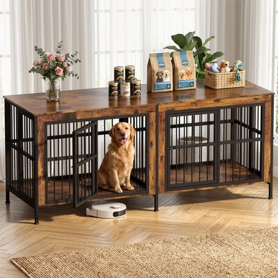 Rupzen Rupzen Furniture-Style Double Dog Crate, Brown, 88 Inch