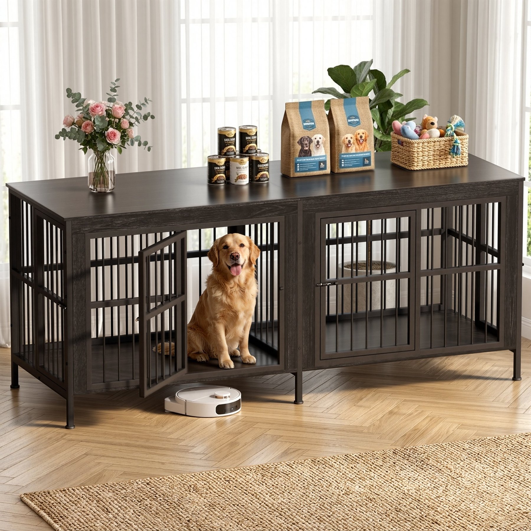 Rupzen Furniture-Style Double Dog Crate, Black, 88 Inch