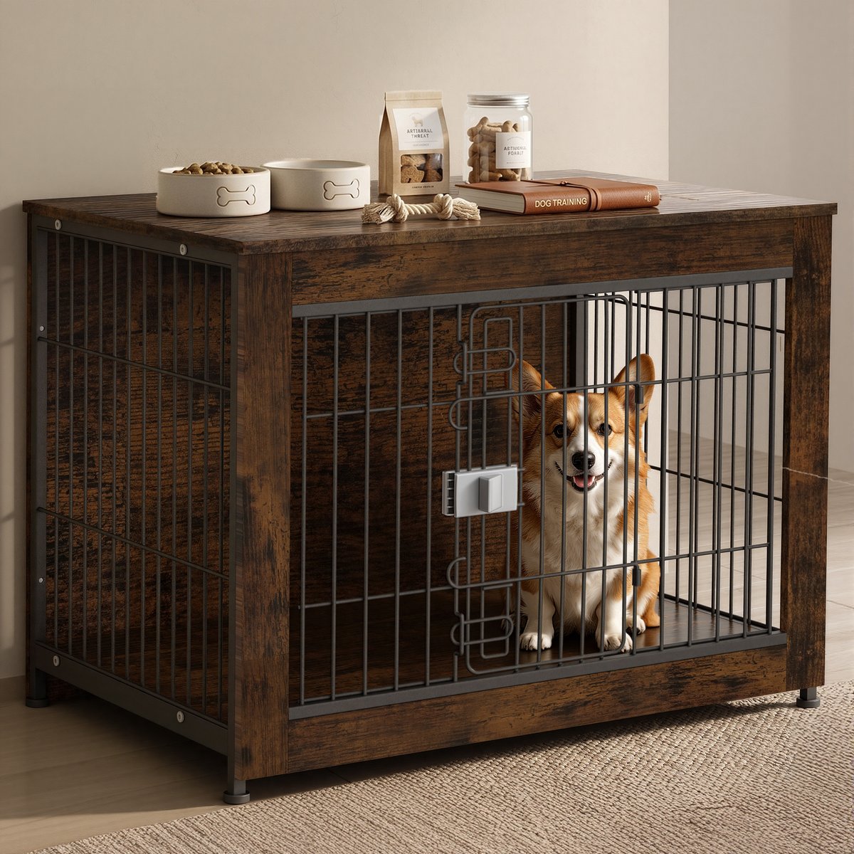 Rupzen Decorative Side Table Dog Crate, Brown, 32 Inch