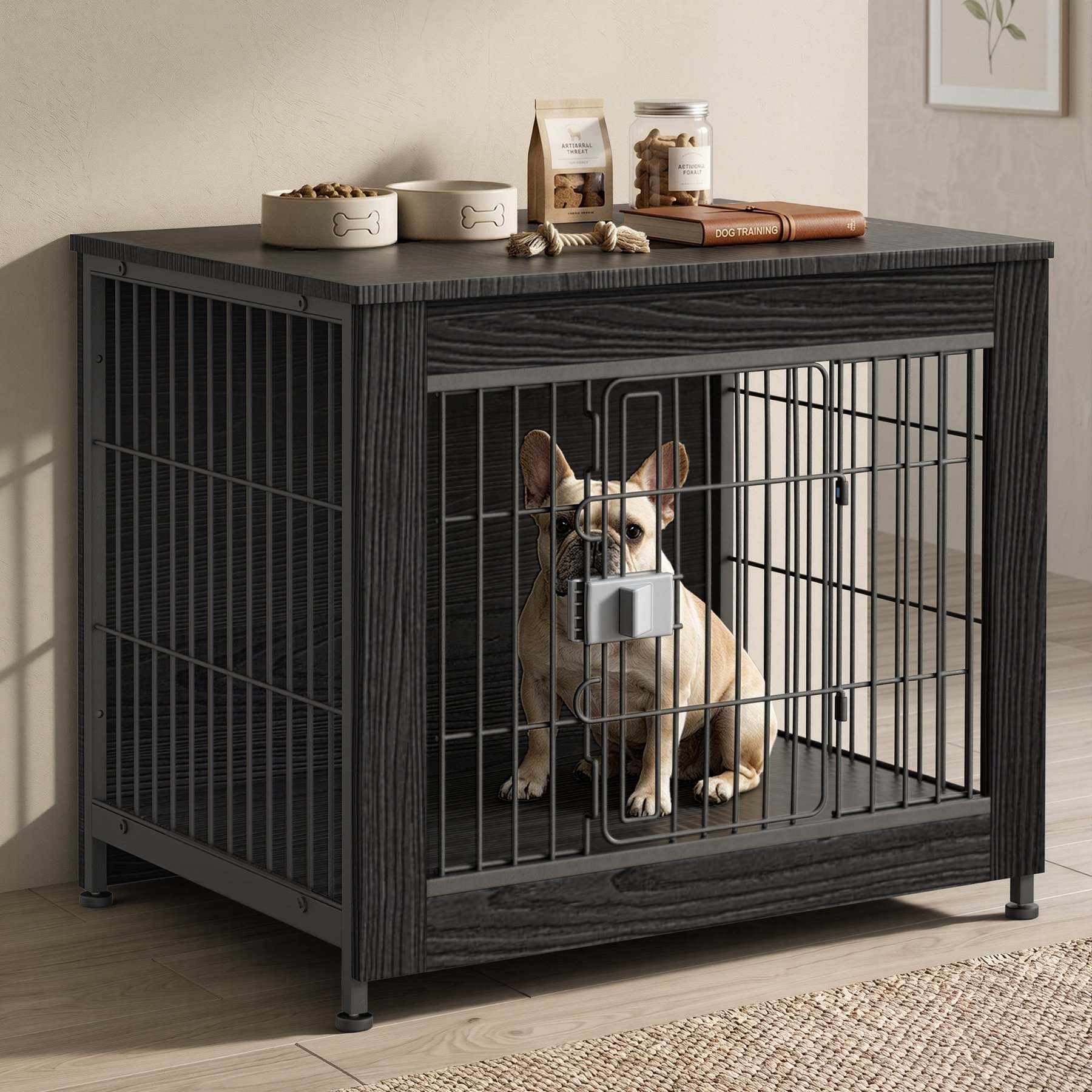 Rupzen Decorative Side Table Dog Crate, Black, 27 Inch