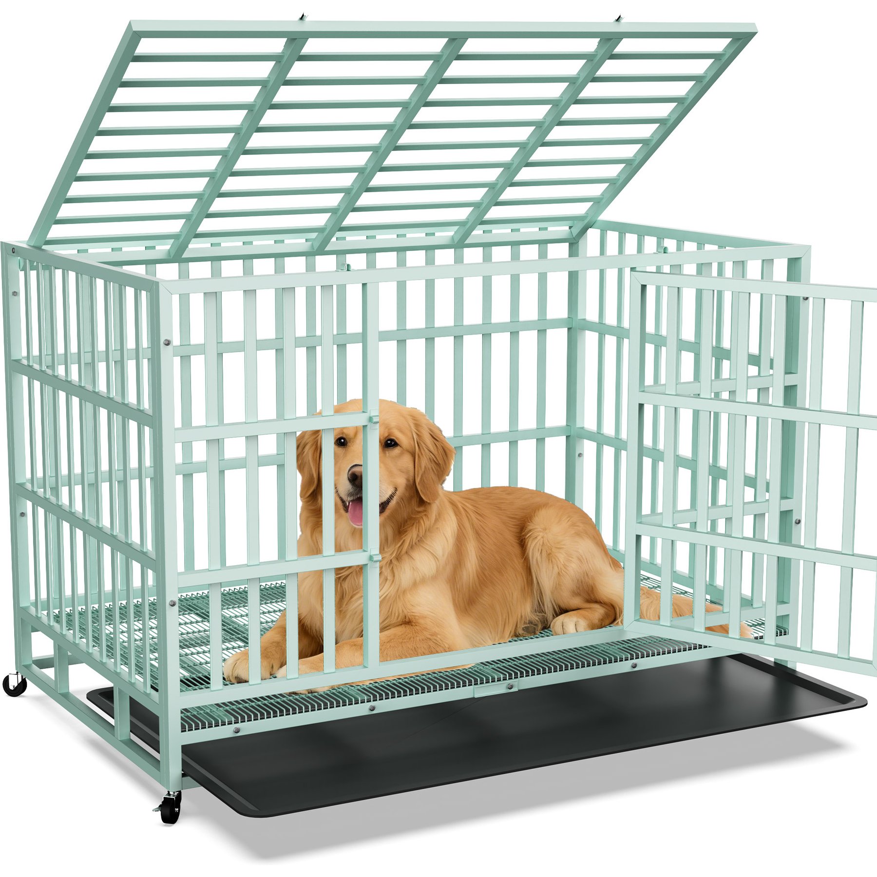 Rupzen Heavy-Duty Swivel Caster Dog Crate, Green, 48 Inch