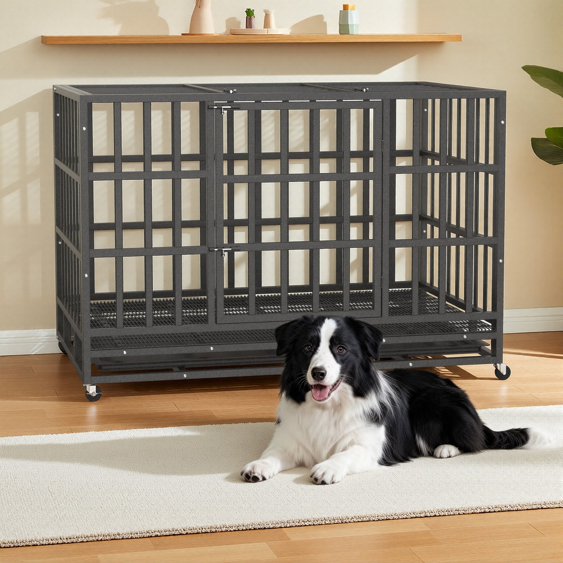 Rupzen Heavy-Duty Swivel Caster Dog Crate, Black, 42 Inch