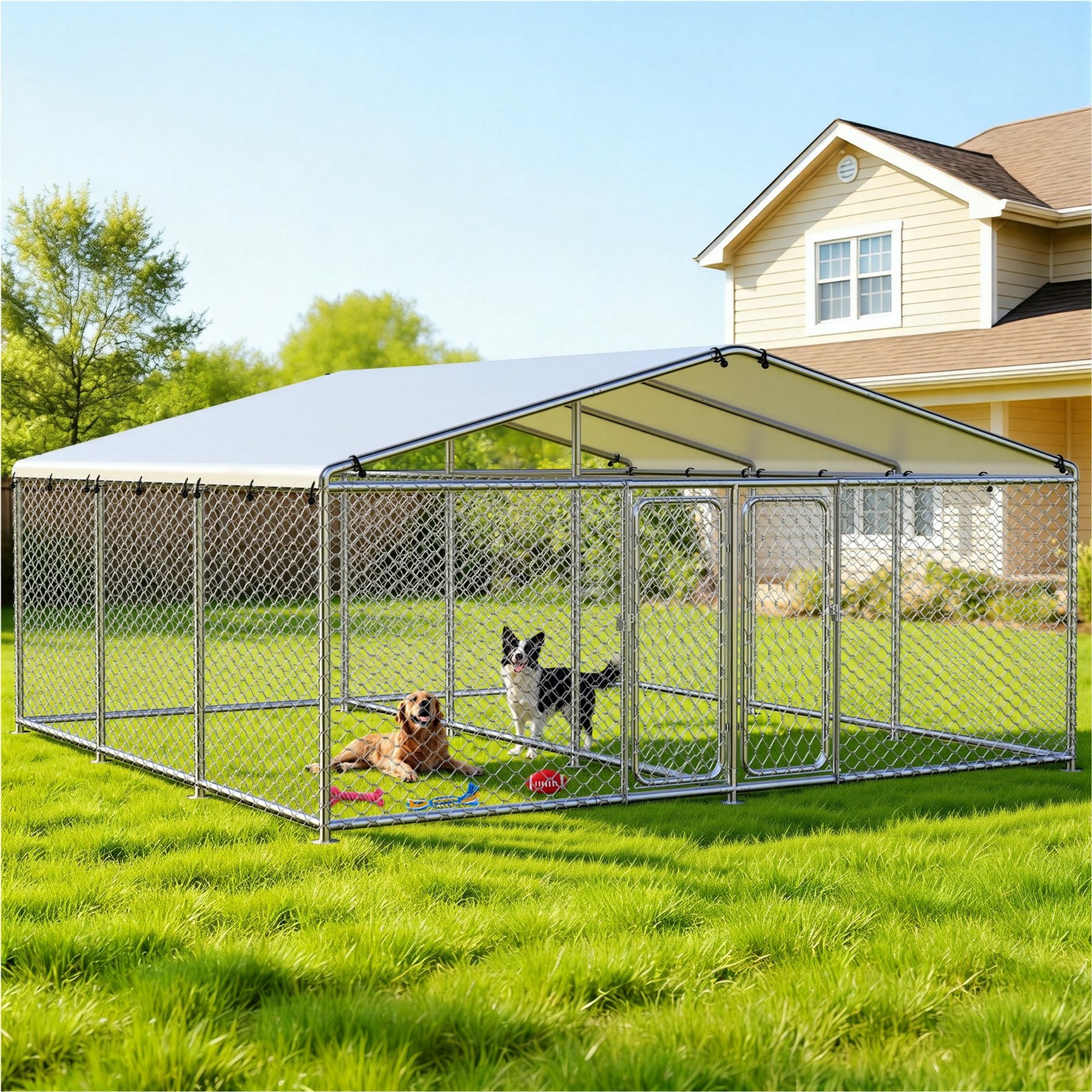 Rupzen Heavy-Duty Reinforced Galvanized Outdoor Dual Compartment Kennel Dog Pen, Silver, 183-in