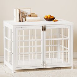 Rupzen Double-Door Chew-Resistant Escape-Proof Wood-Grain Side Table Dog Crate, White, 32 Inch