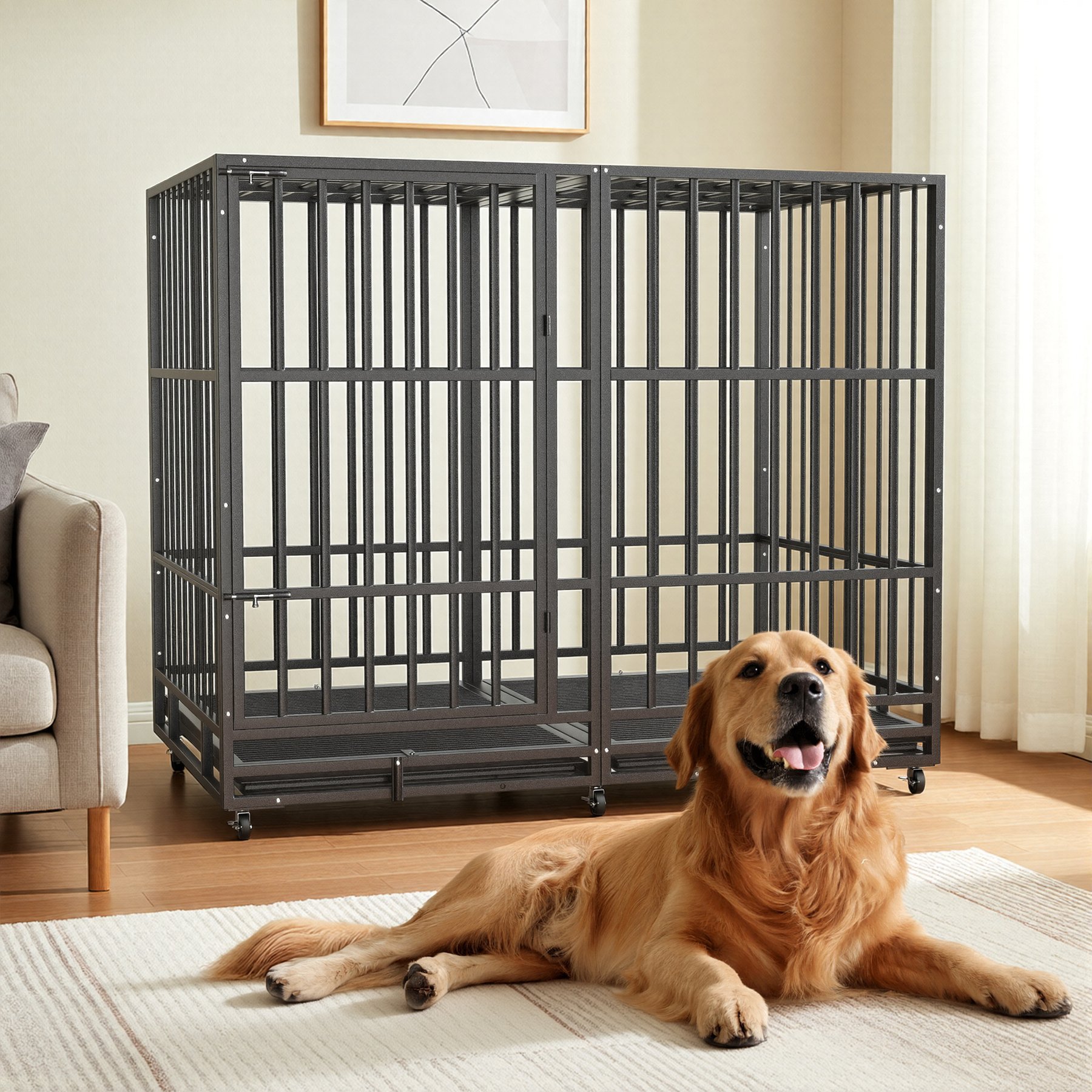 Rupzen Heavy-Duty Swivel Caster Dog Crate, Black, 54 Inch