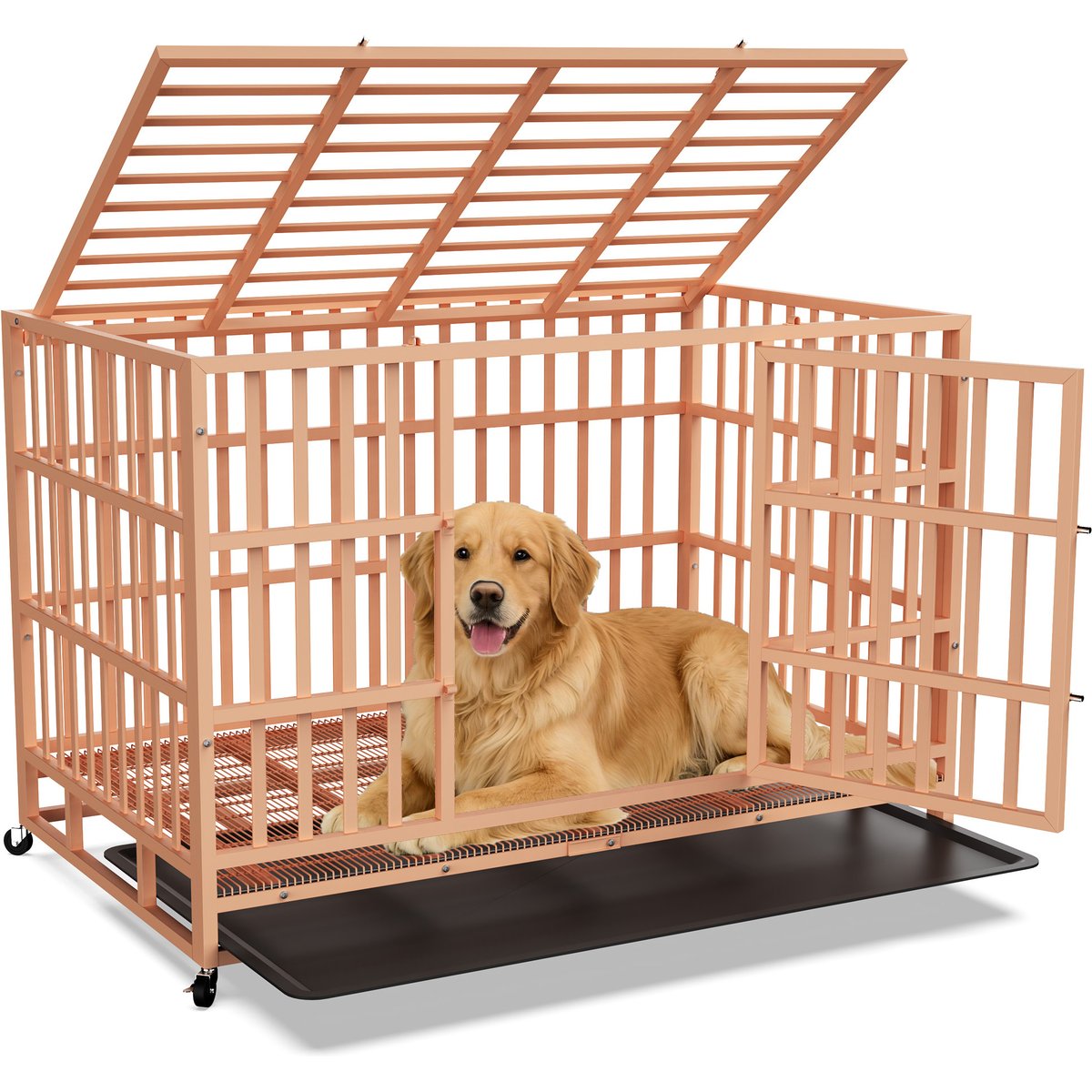 Rupzen Heavy-Duty Swivel Caster Dog Crate, Orange, 48 Inch
