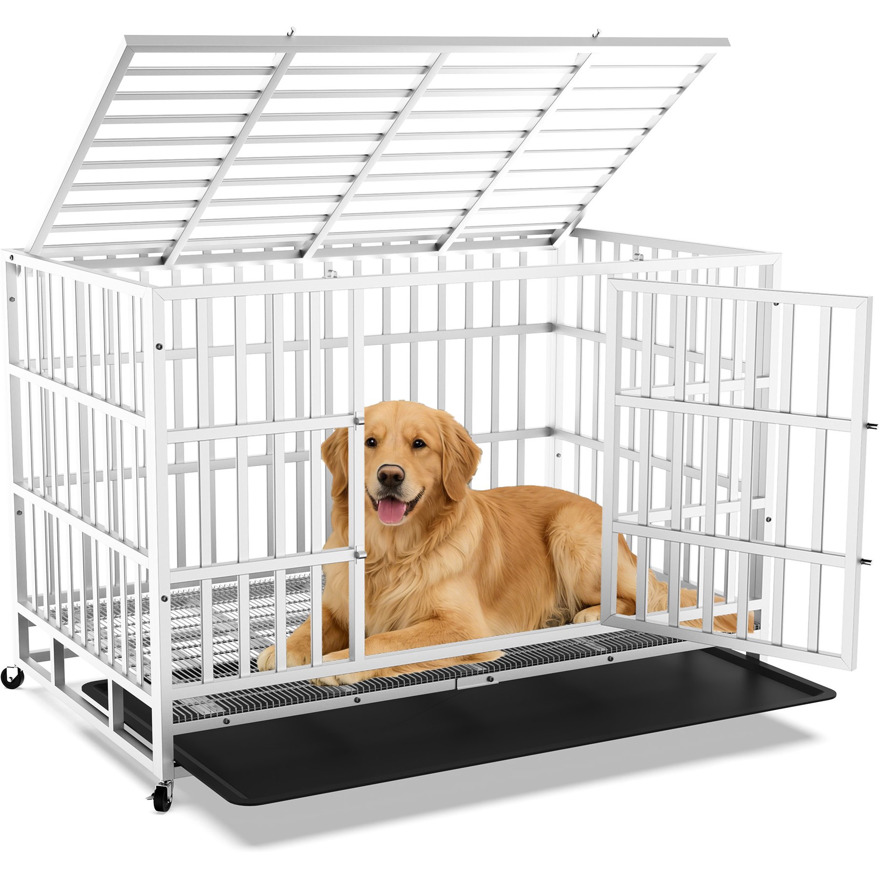 Rupzen Heavy-Duty Swivel Caster Dog Crate, White, 48 Inch