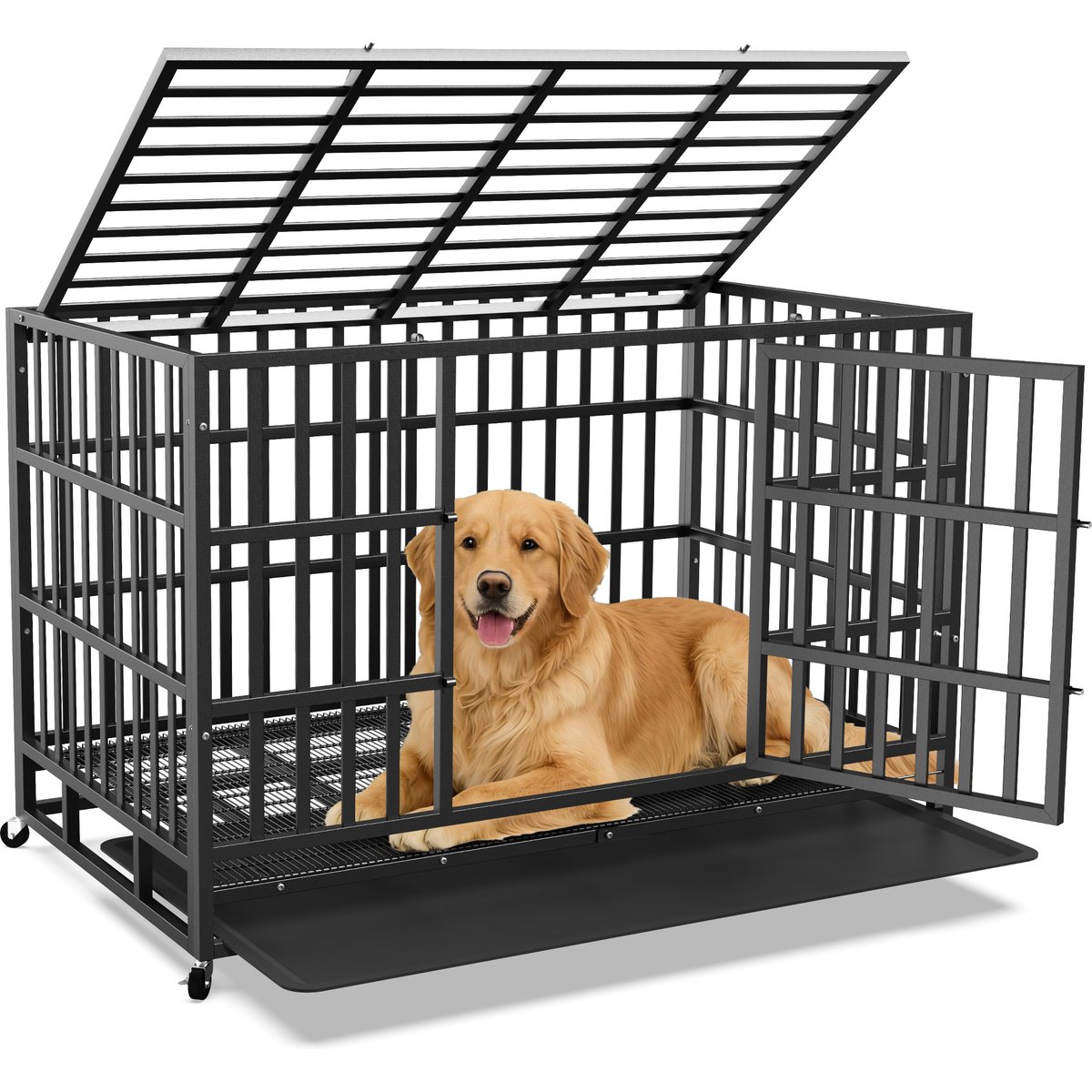 Rupzen Heavy-Duty Swivel Caster Dog Crate, Black, 48 Inch