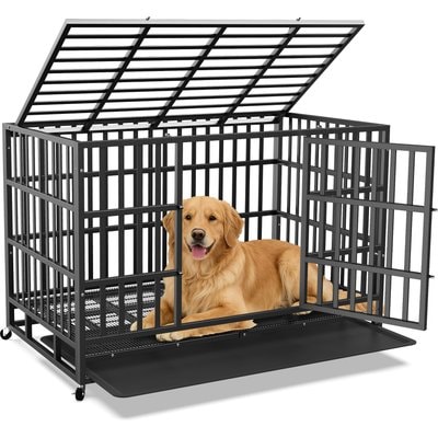 Rupzen Rupzen Heavy-Duty Swivel Caster Dog Crate, Black, 48 Inch