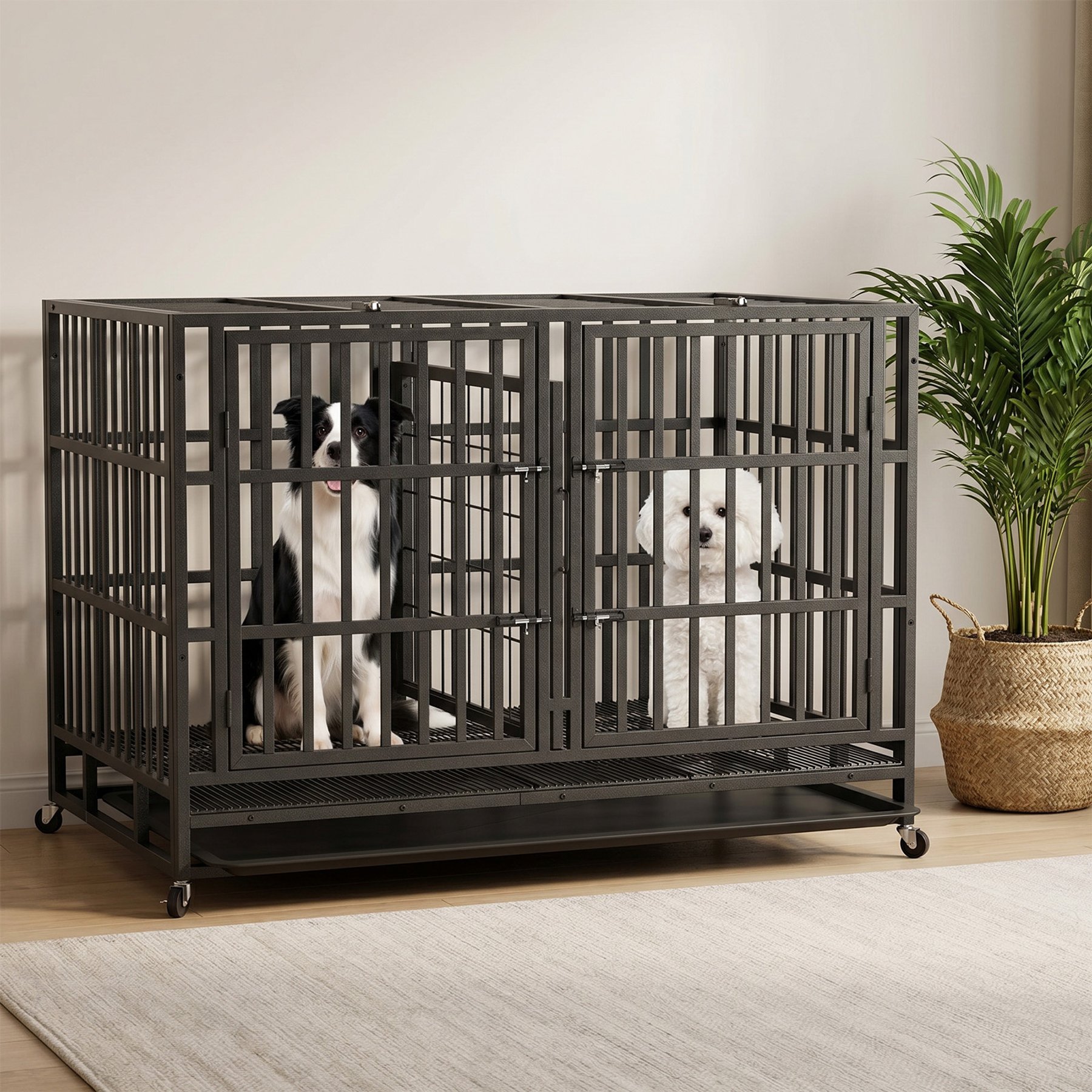 Rupzen Heavy-Duty Swivel Caster Double Dog Crate, Black, 48 Inch