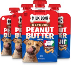 Milk-Bone Jif Natural Peanut Butter Spread Lickable Dog Treat, 5-oz pouch, case of 4