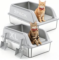 Aphyxen Stainless Steel Semi-Enclosed Anti-Leakage High Wall, Non-Sticky Easy Cleaning Cat Litter Box, X-Large, 2 count, Light Grey slide 1 of 8