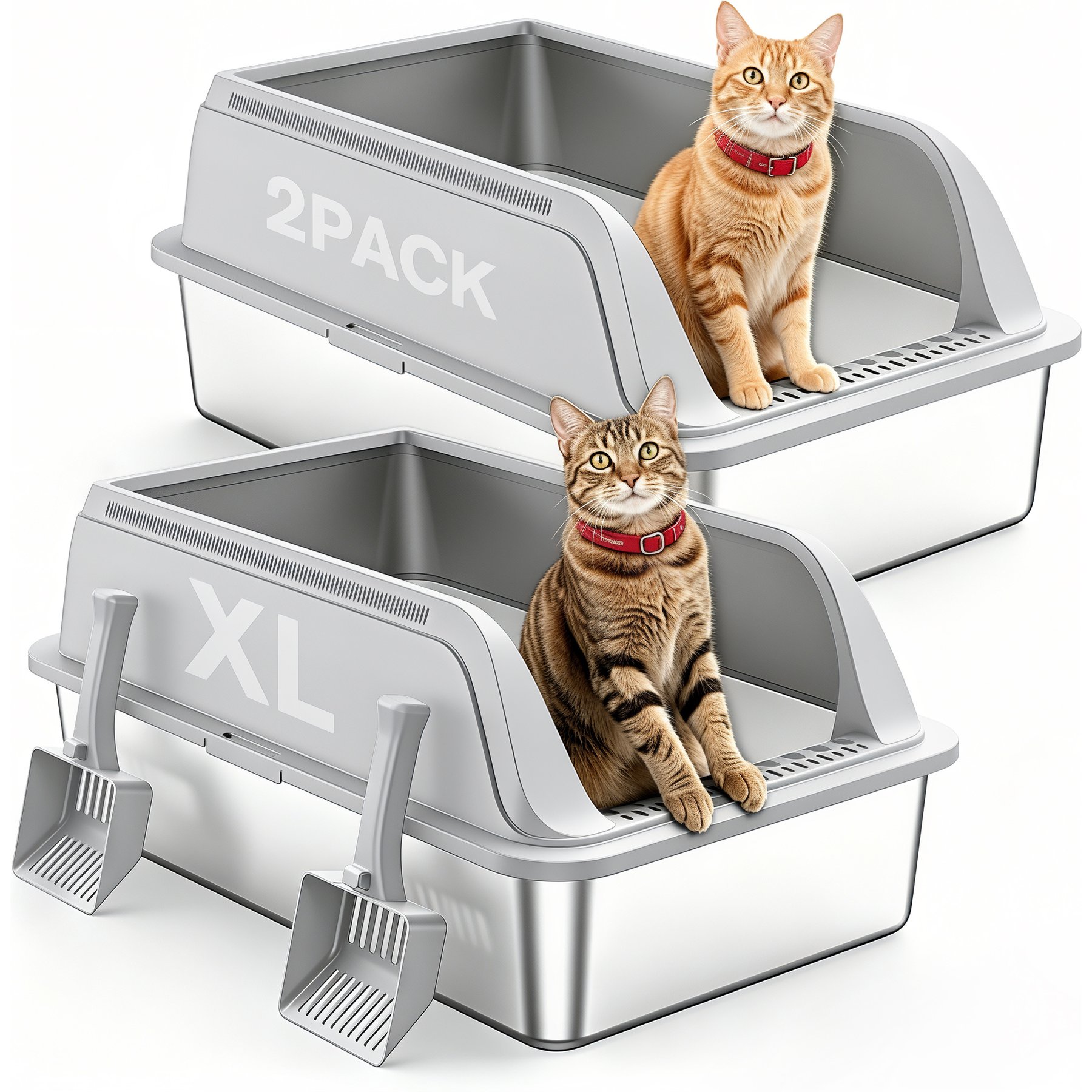 Aphyxen Stainless Steel Semi-Enclosed Anti-Leakage High Wall, Non-Sticky Easy Cleaning Cat Litter Box, X-Large, 2 count, Light Grey