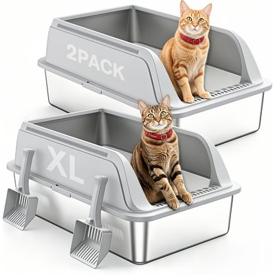 Aphyxen Aphyxen Stainless Steel Semi-Enclosed Anti-Leakage High Wall, Non-Sticky Easy Cleaning Cat Litter Box, X-Large, 2 count, Light Grey