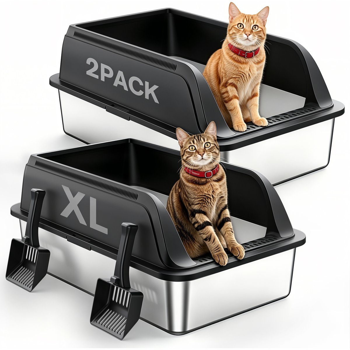 Aphyxen Stainless Steel Semi-Enclosed Anti-Leakage High Wall, Non-Sticky Easy Cleaning Cat Litter Box, X-Large, 2 count, Black