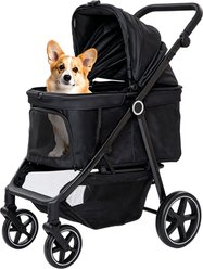 Twinsing 4-Wheel Easy-Fold Dog & Cat Stroller with Adjustable Handle, Storage Basket & Breathable Mesh, Black