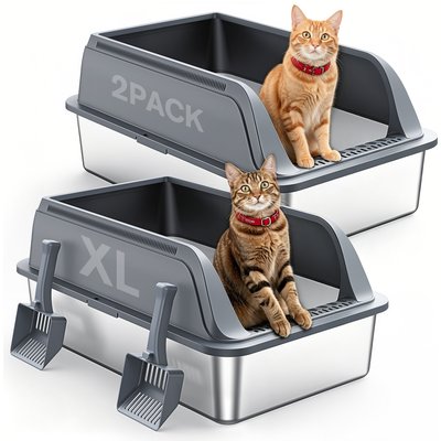 Aphyxen Aphyxen Stainless Steel Semi-Enclosed Anti-Leakage High Wall, Non-Sticky Easy Cleaning Cat Litter Box, X-Large, 2 count, Dark Grey