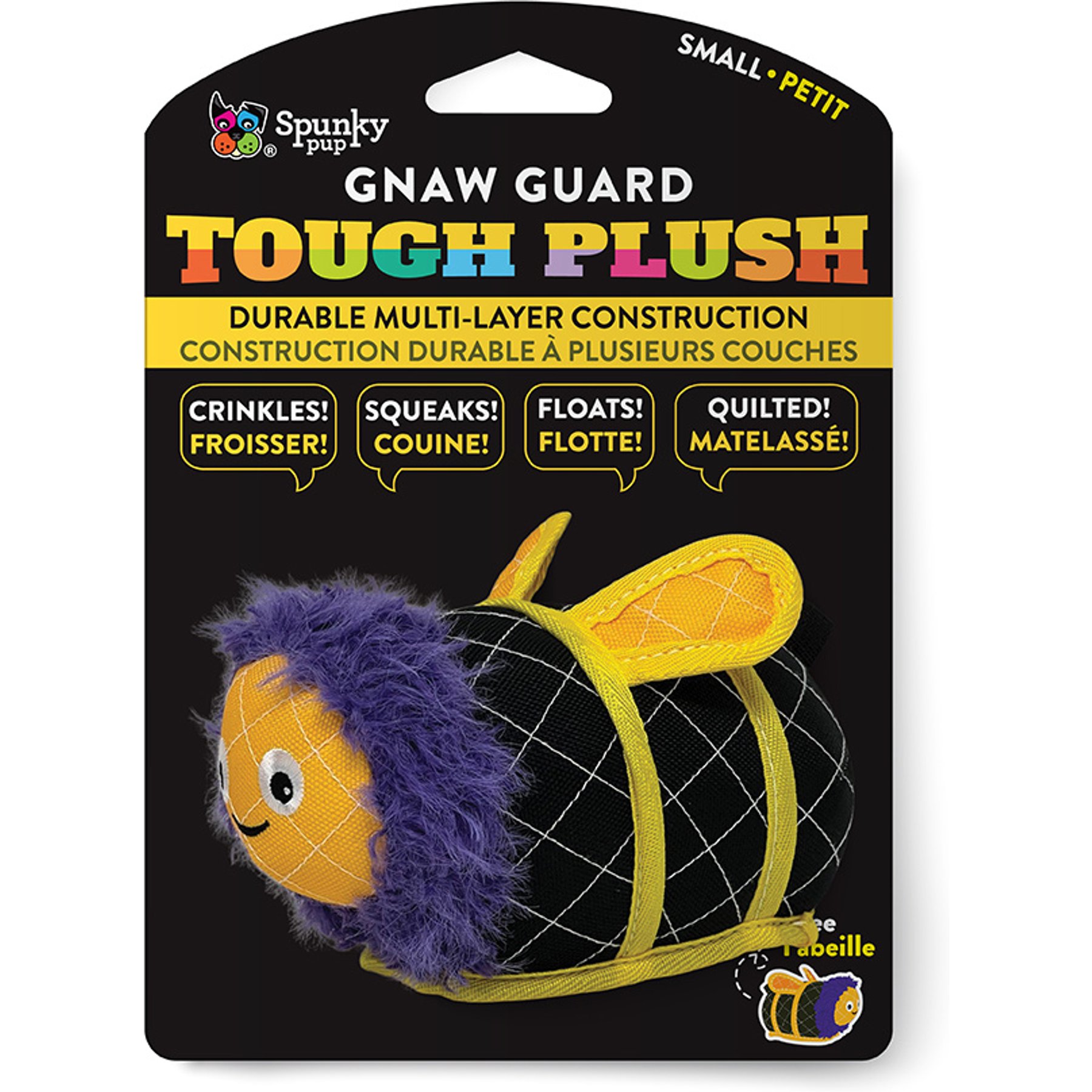 Spunky Pup Neon Bee Tough Chew Dog Plush Toy, Black