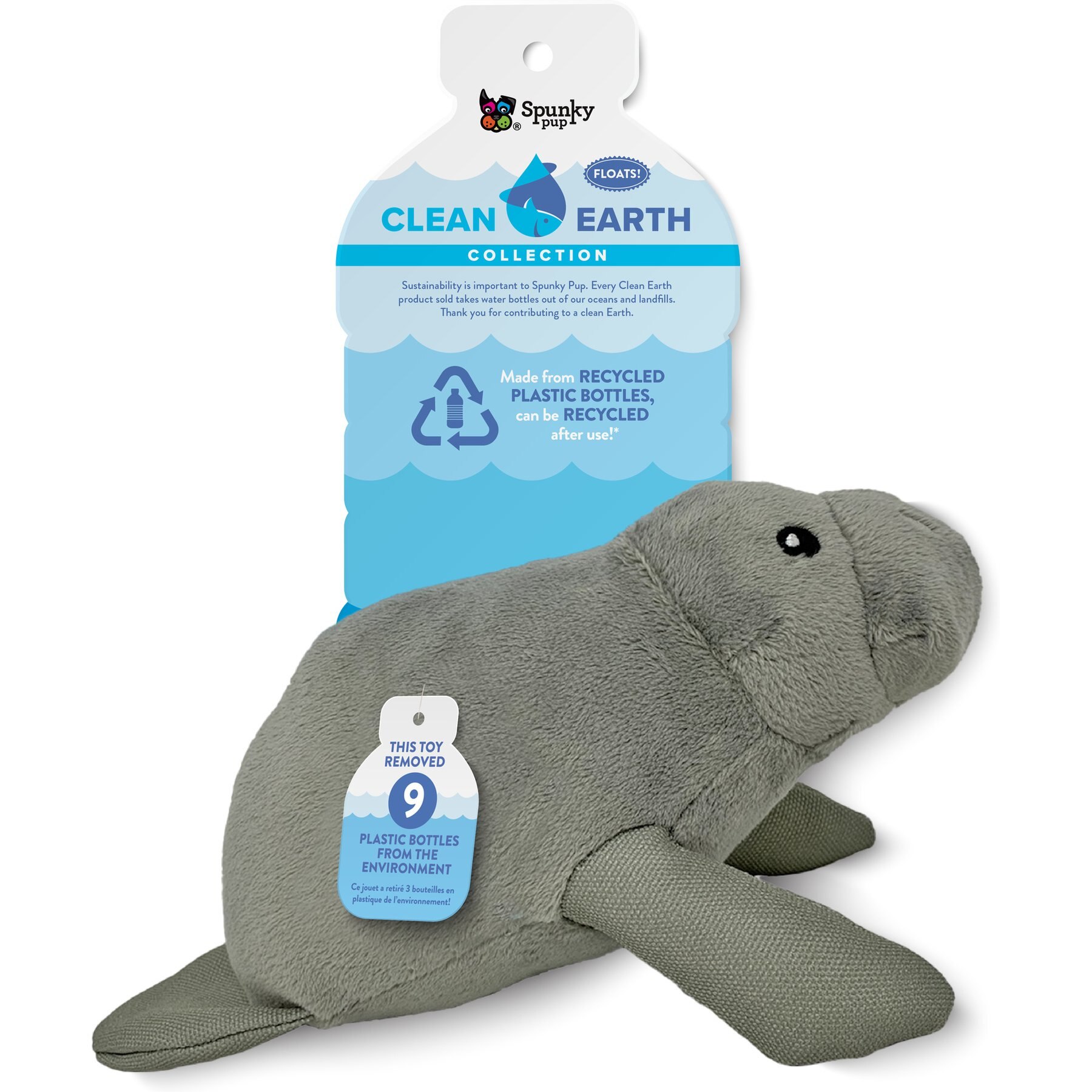 Spunky Pup Clean Earth Recycled Manatee Dog Squeaky Plush Toy, Gray