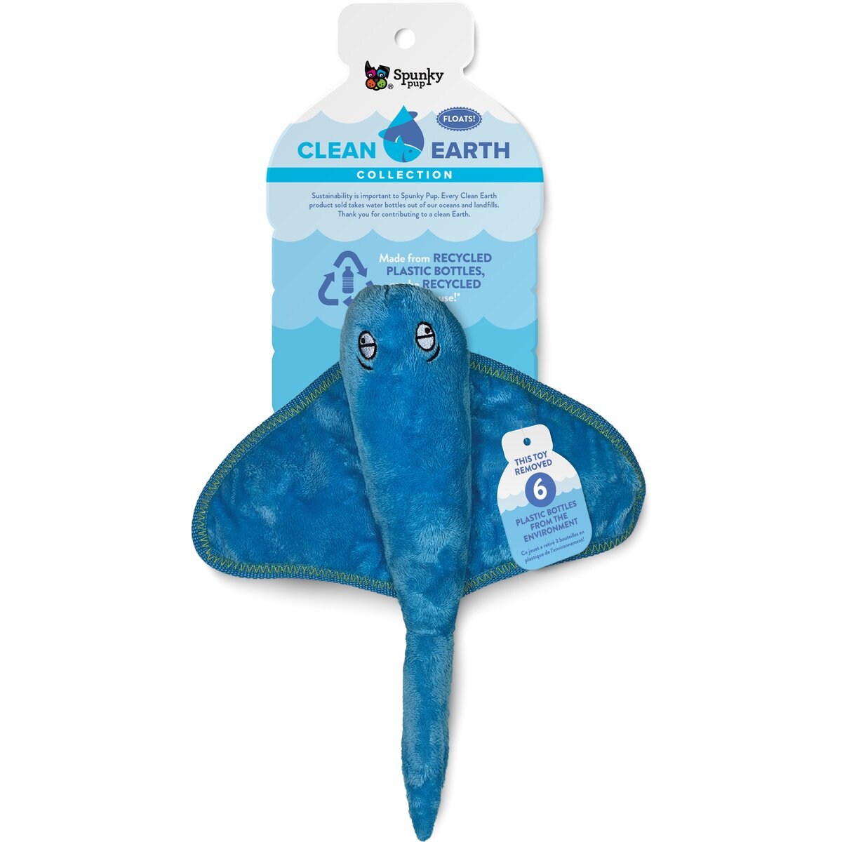 Spunky Pup Clean Earth Recycled Stingray Squeaky Dog Plush Toy, Blue