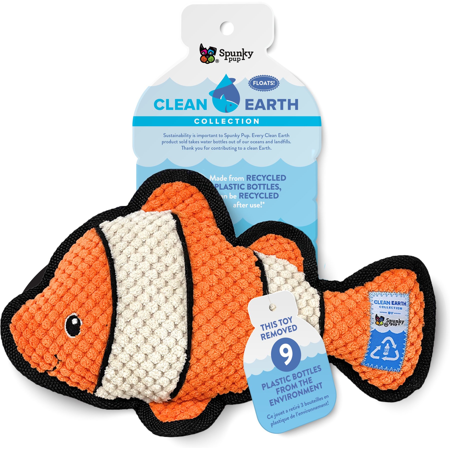 Spunky Pup Clean Earth Textured Recycled Clownfish Squeaky Dog Plush Toy, Orange