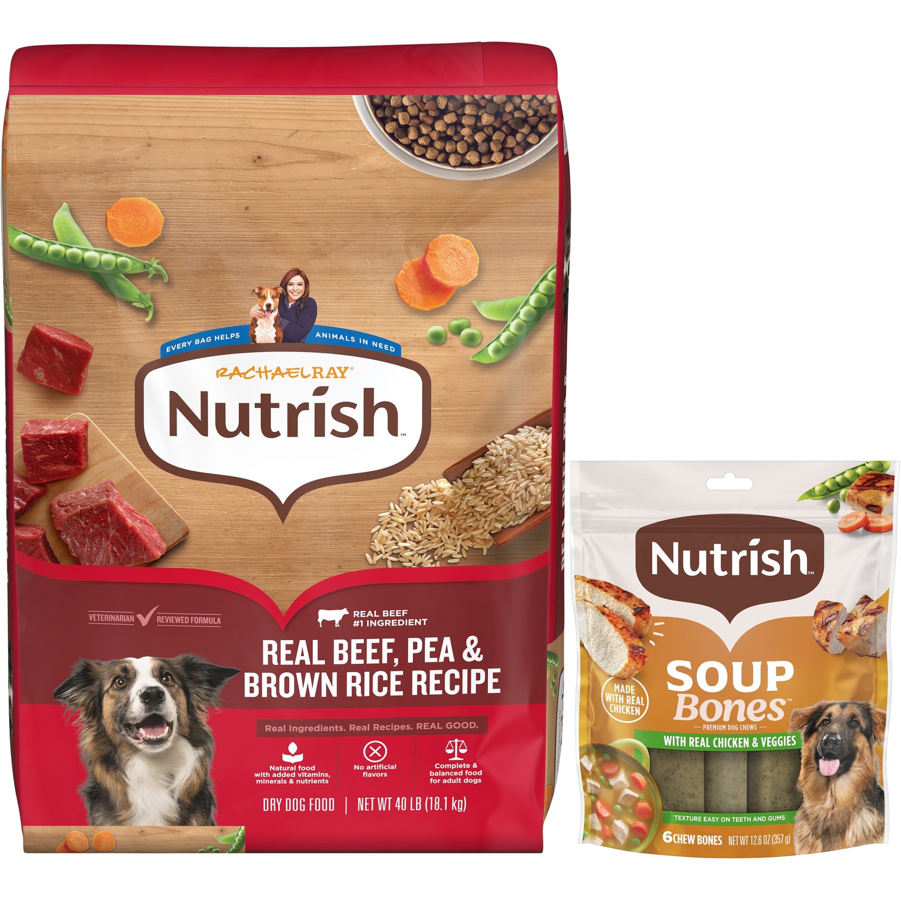 Rachael Ray Nutrish Beef, Pea, & Brown Rice Recipe Dry Food + Soup Bones Chicken & Veggies Flavor Dog Treats